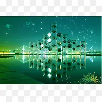 唯美绿色夜景婚纱海报背景模板