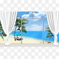 海景窗帘椰树海滩海报背景素材