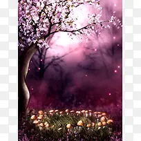 浪漫樱花落叶花朵梦幻森林风景背景素材