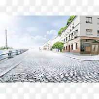 蓝天白云风景建筑城市路面摄影背景素材