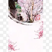 樱花树房屋雪地粉色白色绿叶阳光广告背景