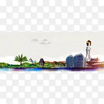 中国山河旅游景色简约灰色banner