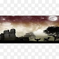 棕色星空断壁残垣背景