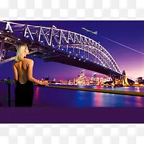 城市大桥夜景美女背影地产海报背景模板