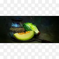摄影灰色绿菜甜瓜背景