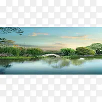 美丽风景河流小桥柳树背景