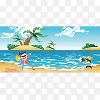 夏天海边度假旅游小清新卡通童趣蓝色背景