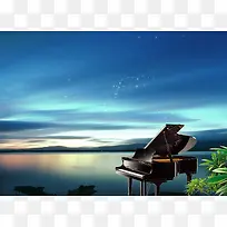 唯美傍晚蓝天钢琴海报背景模板