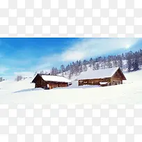 雪后树木和木屋