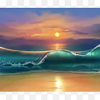 晚霞海浪沙滩海报