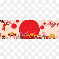 淘宝喜庆春节红色剪纸房子灯笼梅花海报背景