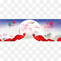 红绸布明月纸灯笼水墨山脉背景