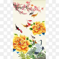 中式水墨国画工笔画海报背景素材