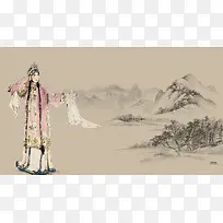 中国风戏曲人物水墨画米黄色背景素材