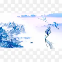 中国风青花瓷 水墨墙画背景素材