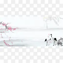 桃花仙鹤中国风白色banner背景