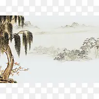 中国风柳树荷花海报背景