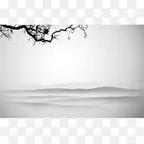 灰色中国风水墨画树枝浮云背景