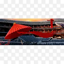 中国风红伞飘带背景
