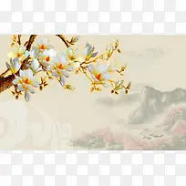 中国风玉兰水墨山水图片背景素材