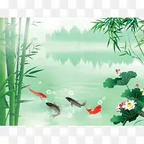 中国风水墨荷花鲤鱼海报背景素材