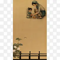 母亲节中国风工笔画纸质背景素材