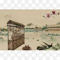 中国风古典园林水墨画平面广告
