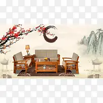 中国风梅花水墨山水中式家具海报背景素材