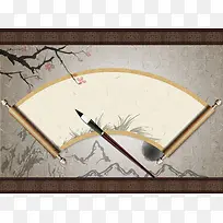中国风毛笔画卷扇形海报背景素材