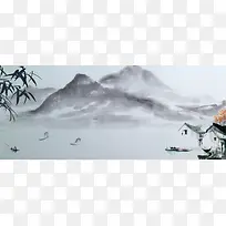 中国风竹子房屋山河黑白渲染背景