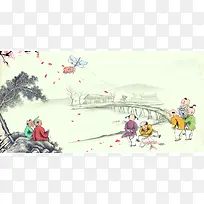 中国风淡雅意境风筝节海报背景素材