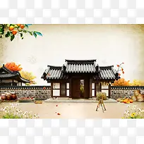 韩国古典秋天海报背景
