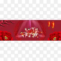 牡丹花梅花灯笼中国纹样光束大红色背景