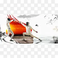 水墨中国风击剑比赛运动员海报背景素材