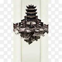 素色简约黄鹤楼建筑psd分层H5背景