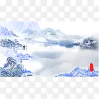 中式灰色水墨山水清明节海报背景素材