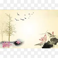 中国风荷花杨树飞鸟背景素材
