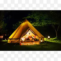 夜里亮着灯的露营帐篷背景素材