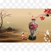 中国风木棉花下的瓷花瓶背景素材