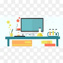 淘宝矢量卡通科学实验工作台电脑桌子海报