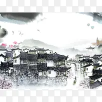 水墨古镇旅游背景素材