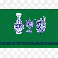 中国风古典青花瓷绿色背景素材
