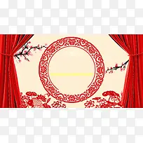剪纸红帘梅花节日背景