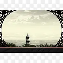 中国风中式花格里的古塔背景素材