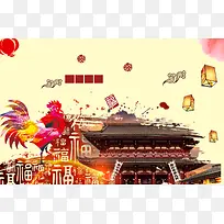 中国风古建筑上放飞的孔明灯春节背景素材