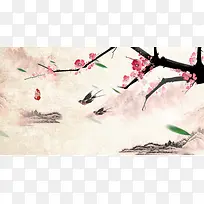 中国风山水鸟语花香背景素材