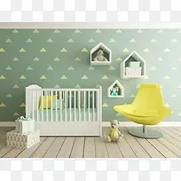 婴儿床椅子与地板上的礼盒背景素材