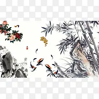中国风水墨竹子与花朵背景素材