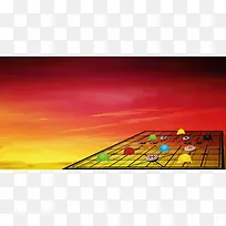红色夕阳棋盘安全意识宣传海报背景素材