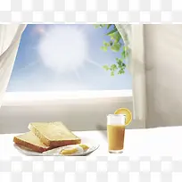 食物食品窗台早餐面包果汁